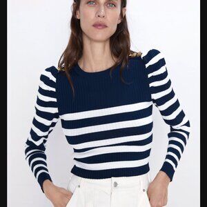 Zara Stripe Puffy sleeves Ribbed Sweater Top S